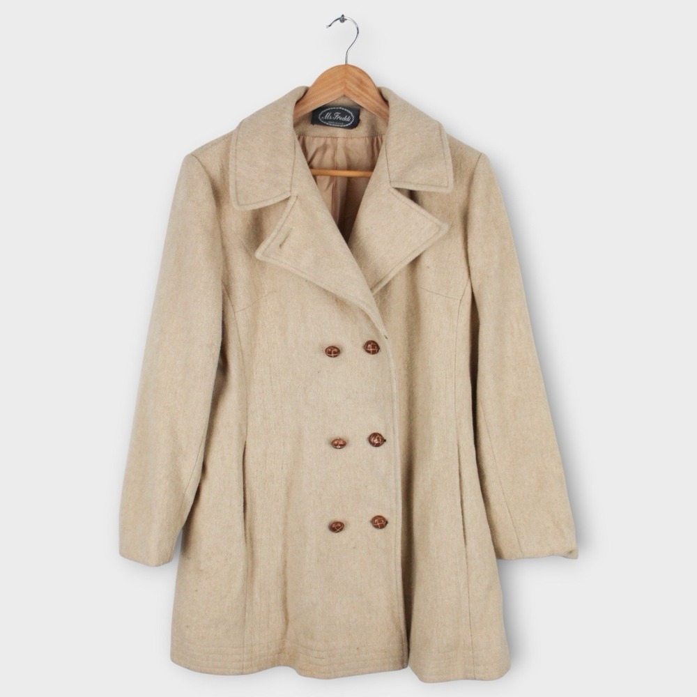 Ms. Freddi Wool Blend Peacoat Women's L Beige Tan Double Breasted Made in USA